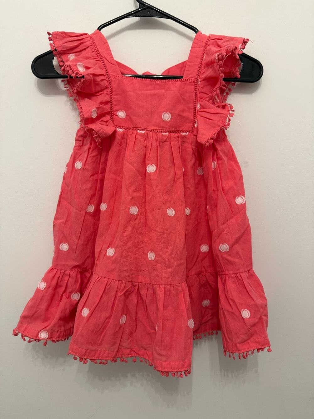 Max Studio Kids Coral Polka Dot Tiered Dress 4T With Ruffle Sleeves & Pom Trim
